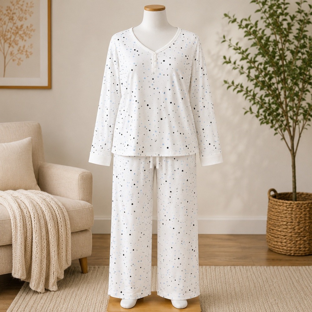 Muk Luks Womens PXL White Star Print Pajama Set Henley Top Joggers 2pc Sleepwear
